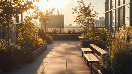 Sunset in the city park with wooden benches and trees in the foreground