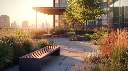 Modern office building exterior with bench and plants. 3d render.