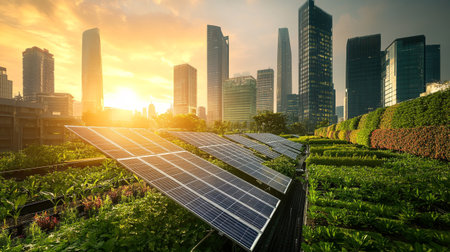Solar panels and urban landscape in Shenzhen, China at sunset.