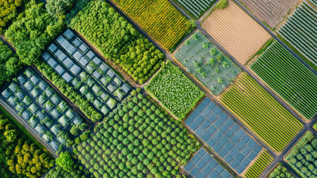 Aerial view of a farm with various fields and solar panels