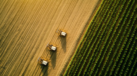 Aerial view of combine harvester working on the large field