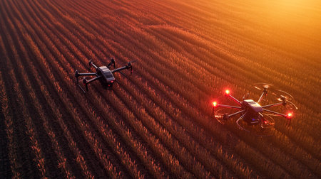 Drone with camera flying over the field. 3D illustration.