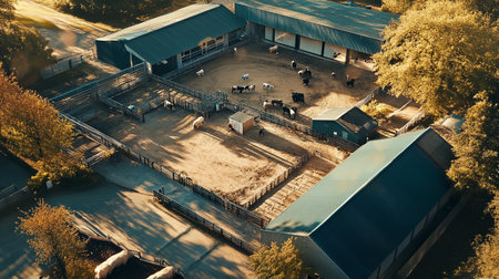 Aerial view of a farm with a lot of cows and horses