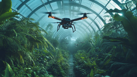 Drone flying in a greenhouse. 3d rendering. 3d illustration.