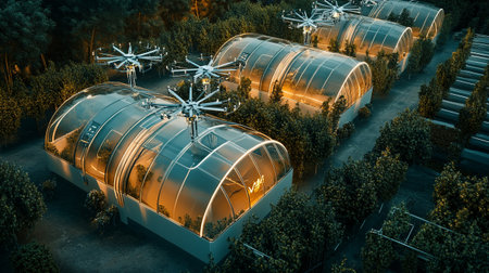 3d render of greenhouses in the forest at night time.