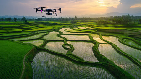 Drone quadcopter flying over green rice paddy field at sunset.