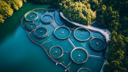 Aerial view of circular structures in a lake in the forest.の写真素材
