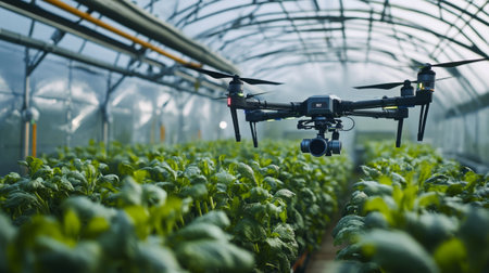 Agriculture drone with remote control flying over seedlings in greenhouse