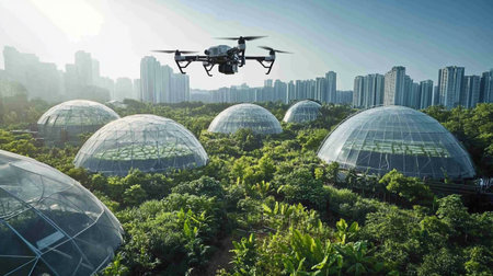 Quadcopter drone flying over green plant and city landscape.