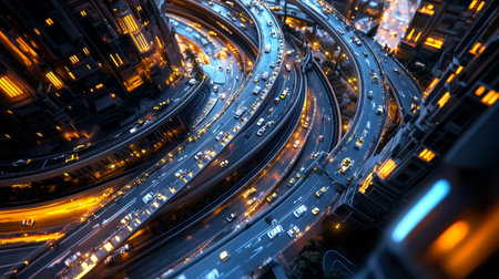 3D rendering of a high-speed highway at night in the cityの写真素材