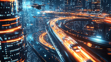 Futuristic city at night with fast moving cars. 3d rendering