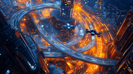 3D illustration of futuristic city with high speed traffic and high speed