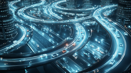 3d rendering of abstract car light trails on the road in the city