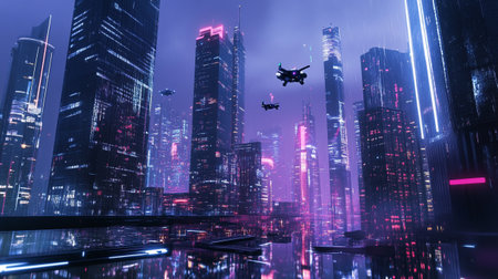 Silhouette of flying drone over modern skyscrapers at night