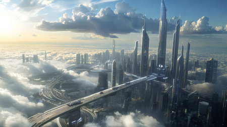 Aerial view of the city in the clouds. 3D rendering