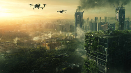 Aerial view of drone flying over the city during sunset. 3D rendering