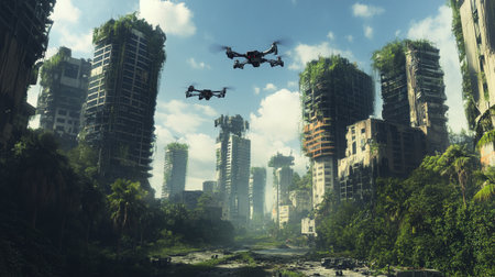 Drone flying in the sky over the city. 3d rendering