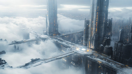 Aerial view of modern skyscrapers in the middle of a foggy cityの写真素材