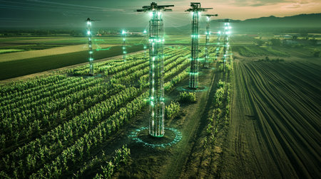 Telecommunication tower in the field. 3d render and illustration.の写真素材