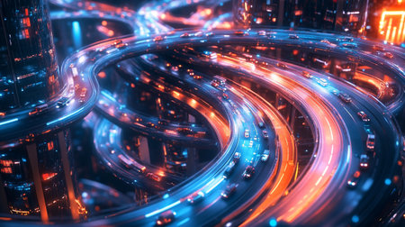 3D illustration of a long exposure of the night city with traffic lights.