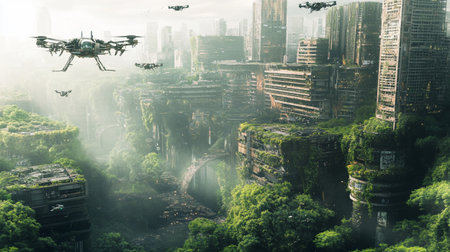 Drone flying over the city in the mist. 3d renderingの写真素材