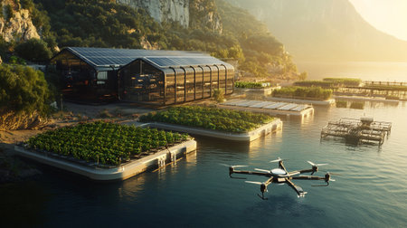 Drone flying over the lake at sunrise. 3D rendering.