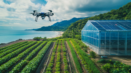 Drone flying over a strawberry field, aerial view of agricultural technology