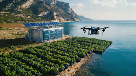 Drone flying over a vineyard in the mediterranean sea.の写真素材