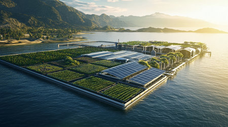 Solar panels on the roof of the building in the sea. 3d rendering