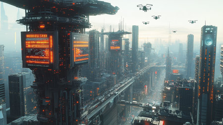 Futuristic city with high tech buildings. 3D Rendering