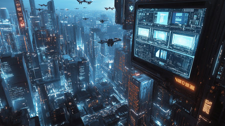Futuristic cyborg flying over the city at night 3D rendering