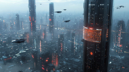 Futuristic cityscape with modern skyscrapers and high-rise buildings