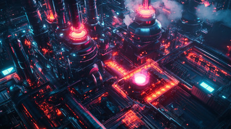 3D rendering of futuristic city with glowing neon lights. 3D illustration
