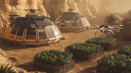3d rendering of a futuristic base in the desert with flying drones
