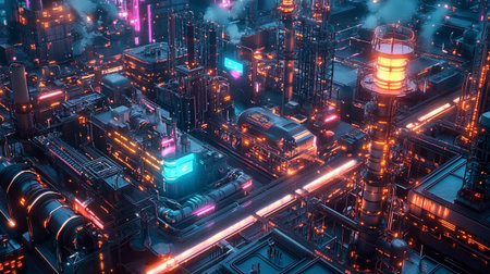 3d illustration of a futuristic city with neon lights and high-rise buildingsの写真素材