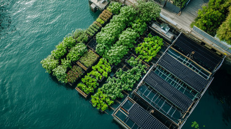 Aerial view of a floating green plant area with solar panels on a body of water.の写真素材