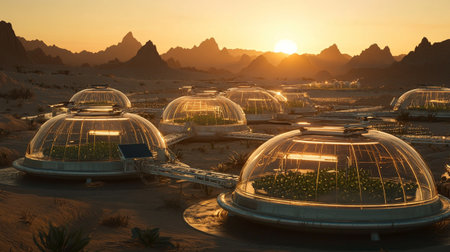 3d rendering of a greenhouse in the desert with mountains in the background
