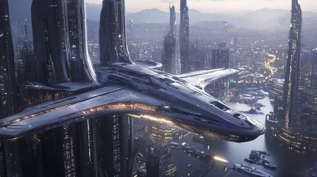 Futuristic spaceship flying over the city. 3D rendering.