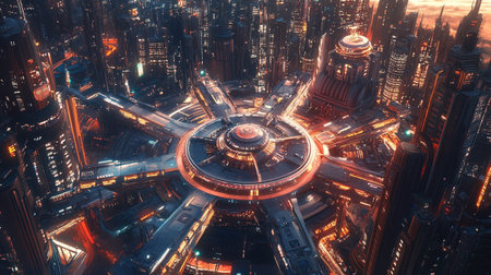 3D rendering of a futuristic city in the middle of the nightの写真素材