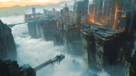 3D rendering of a futuristic city in the middle of the fogの写真素材