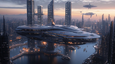 Futuristic city at night with flying saucer. 3d renderingの写真素材