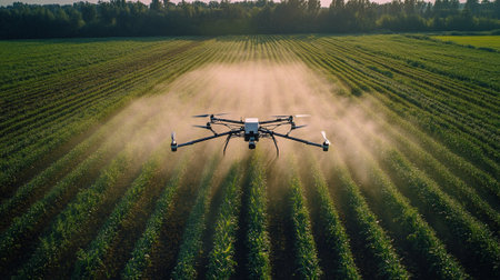 Aerial view of drone spraying pesticides on soybean field at sunset