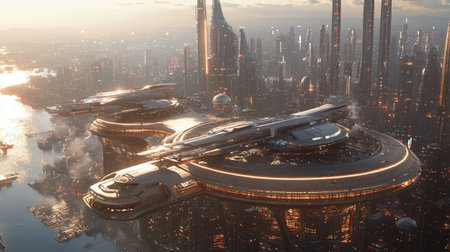 Futuristic city in the evening, 3d rendering. Computer digital drawing.の写真素材