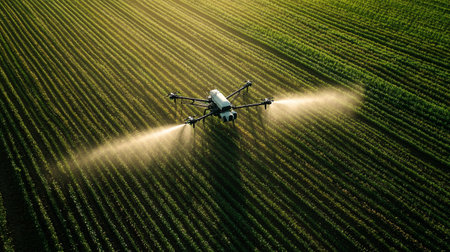 Aerial view of a drone spraying pesticides on soybean field.の写真素材