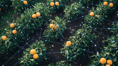 Orange tree in the garden with network connection, 3d rendering.の写真素材