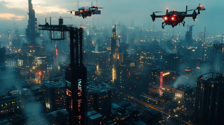 Drone flying over the city at night. 3D rendering.の写真素材