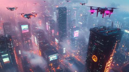 3d rendering of a drone flying over a city in the fogの写真素材