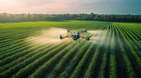 Aerial view of a tractor spraying pesticides on soy plantation at sunset