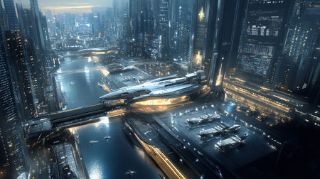 3d rendering of skyscrapers in a city at nightの写真素材