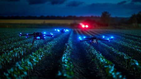 Agricultural sprayer spraying pesticides on soybean field at nightの写真素材